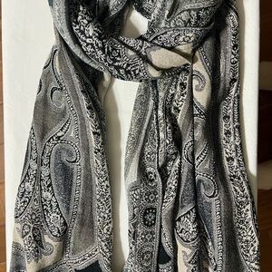 Black And Grey Paisley Women’s Scarf With Silver Accents And Decorative Fringe